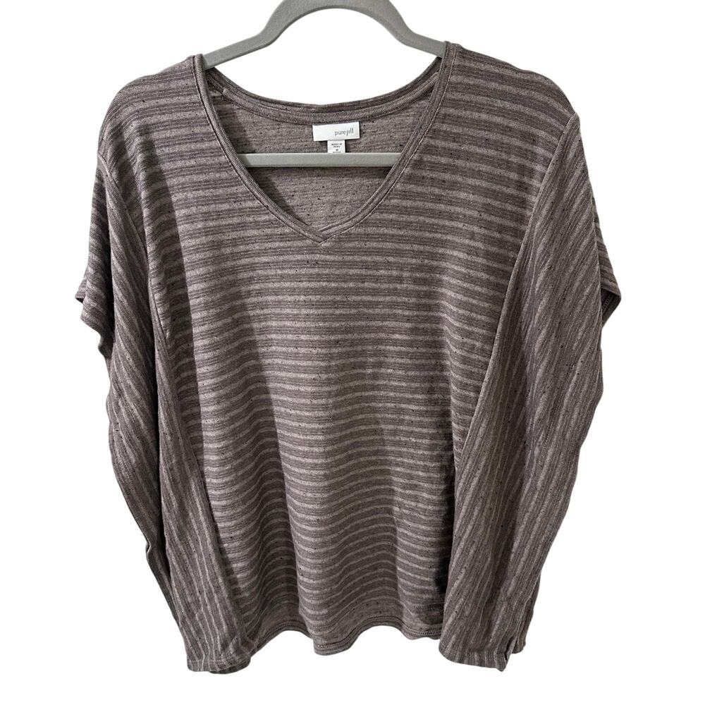 Pure J Jill Brown Striped Lagenlook Short Sleeve Dolman Blouse, Medium Petite